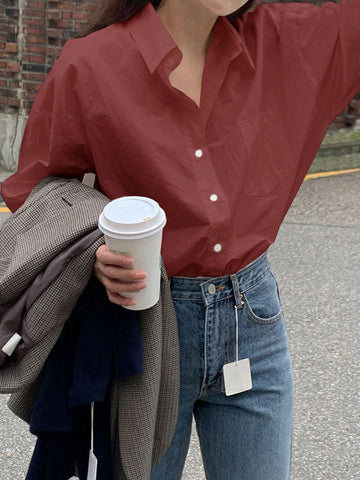 DAZY Women's Solid Color Dropped Shoulder Long Sleeve Pocket Loose Casual Shirt, Autumn