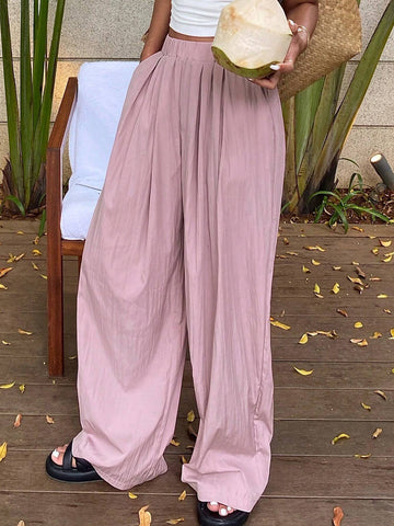 DAZY Women's Solid Color Elastic Waist Loose Fit Pants With Pockets