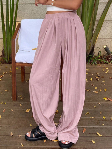 DAZY Women's Solid Color Elastic Waist Loose Fit Pants With Pockets