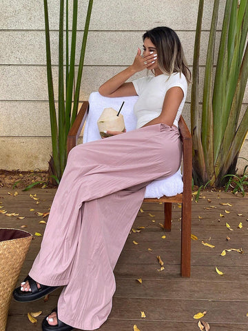 DAZY Women's Solid Color Elastic Waist Loose Fit Pants With Pockets