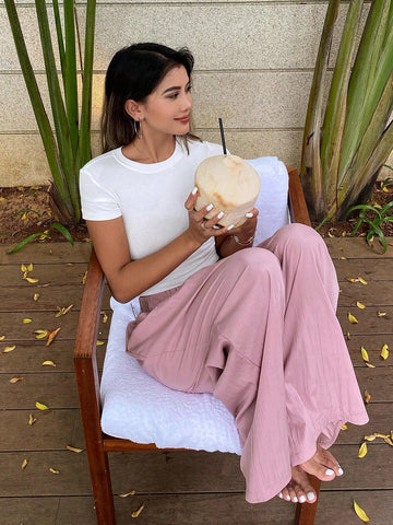 DAZY Women's Solid Color Elastic Waist Loose Fit Pants With Pockets