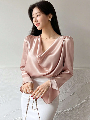 DAZY Women's Solid Color Elegant Glossy Draped Neck Blouse With Waist Cinching