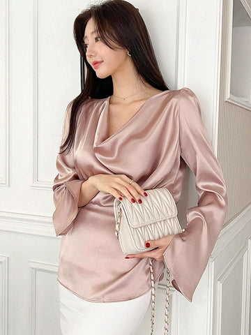 DAZY Women's Solid Color Elegant Glossy Draped Neck Blouse With Waist Cinching