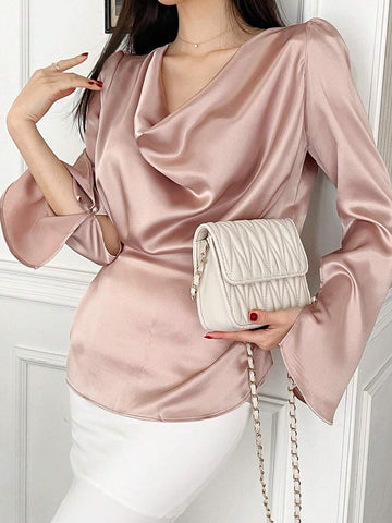 DAZY Women's Solid Color Elegant Glossy Draped Neck Blouse With Waist Cinching