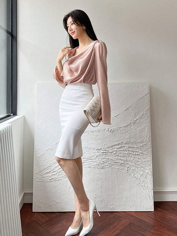 DAZY Women's Solid Color Elegant Glossy Draped Neck Blouse With Waist Cinching