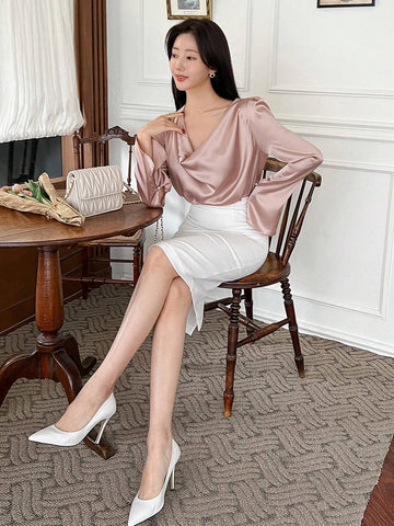 DAZY Women's Solid Color Elegant Glossy Draped Neck Blouse With Waist Cinching