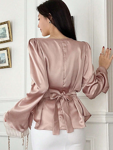 DAZY Women's Solid Color Elegant Glossy Draped Neck Blouse With Waist Cinching