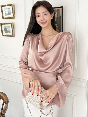 DAZY Women's Solid Color Elegant Glossy Draped Neck Blouse With Waist Cinching