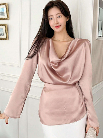 DAZY Women's Solid Color Elegant Glossy Draped Neck Blouse With Waist Cinching