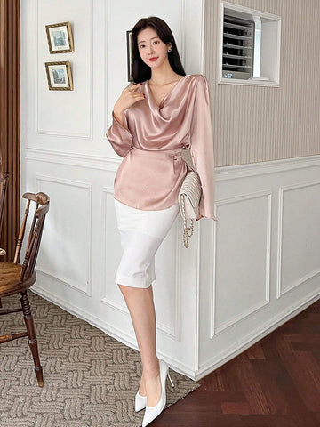 DAZY Women's Solid Color Elegant Glossy Draped Neck Blouse With Waist Cinching