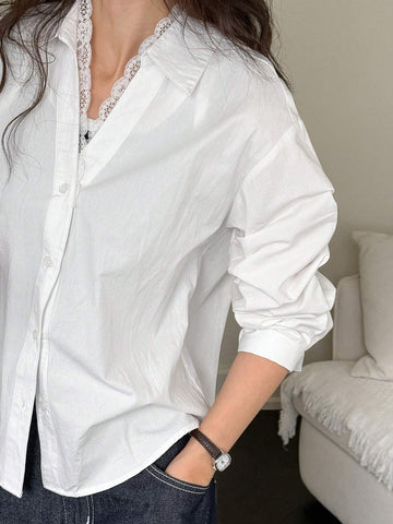 DAZY Women's Solid Color Front Button Long Sleeve Casual Blouse, Daily Wear