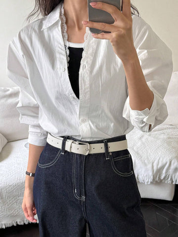 DAZY Women's Solid Color Front Button Long Sleeve Casual Blouse, Daily Wear