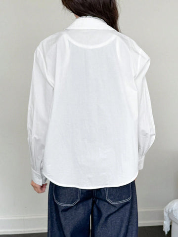 DAZY Women's Solid Color Front Button Long Sleeve Casual Blouse, Daily Wear