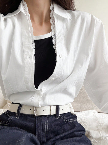 DAZY Women's Solid Color Front Button Long Sleeve Casual Blouse, Daily Wear