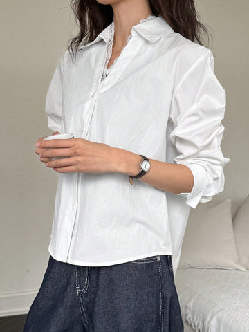 DAZY Women's Solid Color Front Button Long Sleeve Casual Blouse, Daily Wear