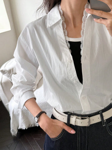 DAZY Women's Solid Color Front Button Long Sleeve Casual Blouse, Daily Wear