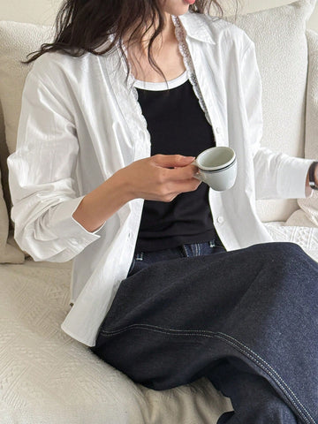 DAZY Women's Solid Color Front Button Long Sleeve Casual Blouse, Daily Wear