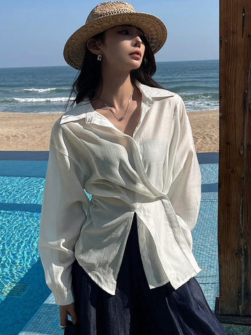 DAZY Women's Solid Color Front Button Long Sleeve Simple Blouse, Casual Daily Wear