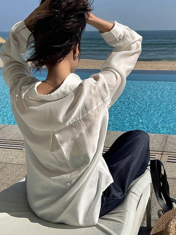 DAZY Women's Solid Color Front Button Long Sleeve Simple Blouse, Casual Daily Wear