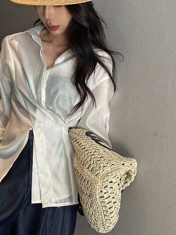 DAZY Women's Solid Color Front Button Long Sleeve Simple Blouse, Casual Daily Wear