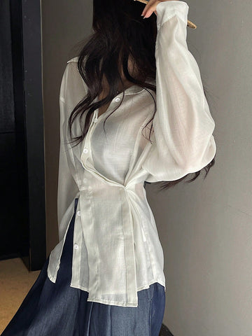 DAZY Women's Solid Color Front Button Long Sleeve Simple Blouse, Casual Daily Wear