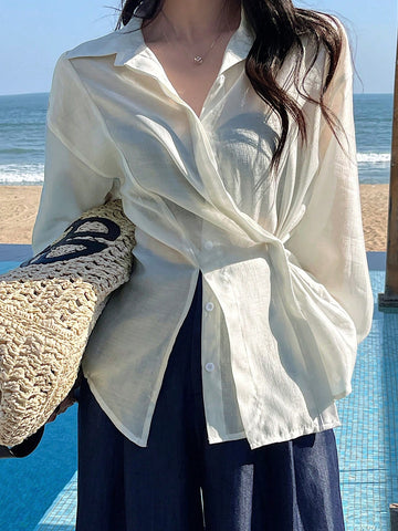 DAZY Women's Solid Color Front Button Long Sleeve Simple Blouse, Casual Daily Wear