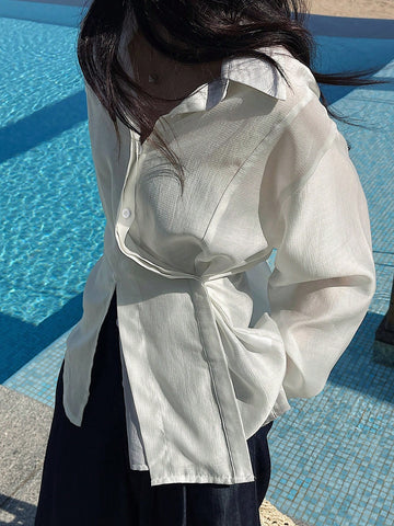 DAZY Women's Solid Color Front Button Long Sleeve Simple Blouse, Casual Daily Wear