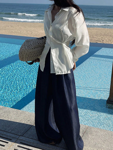 DAZY Women's Solid Color Front Button Long Sleeve Simple Blouse, Casual Daily Wear