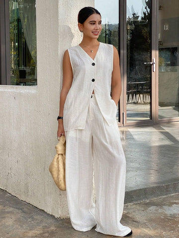 DAZY Women's Solid Color Front Button Sleeveless Casual Blouse & Pant 2 Piece Set