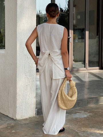 DAZY Women's Solid Color Front Button Sleeveless Casual Blouse & Pant 2 Piece Set