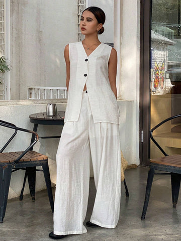 DAZY Women's Solid Color Front Button Sleeveless Casual Blouse & Pant 2 Piece Set