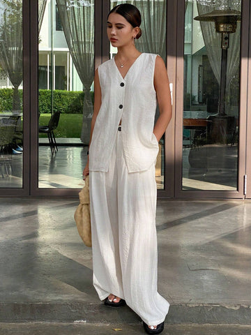 DAZY Women's Solid Color Front Button Sleeveless Casual Blouse & Pant 2 Piece Set