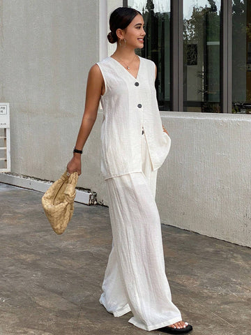 DAZY Women's Solid Color Front Button Sleeveless Casual Blouse & Pant 2 Piece Set