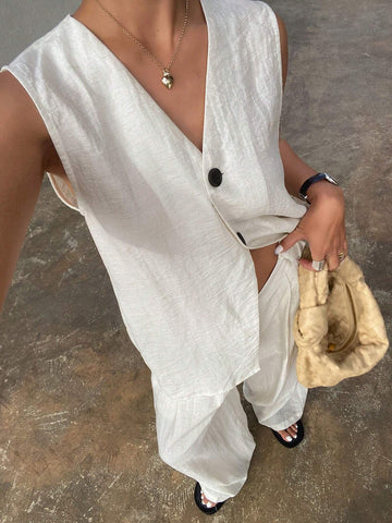 DAZY Women's Solid Color Front Button Sleeveless Casual Blouse & Pant 2 Piece Set