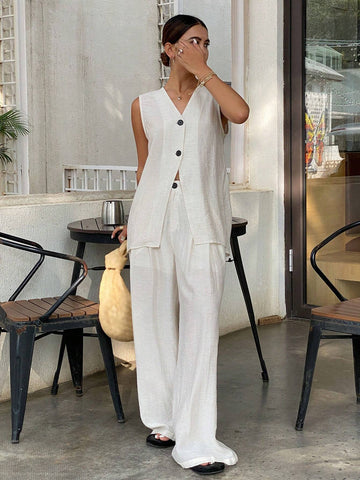 DAZY Women's Solid Color Front Button Sleeveless Casual Blouse & Pant 2 Piece Set