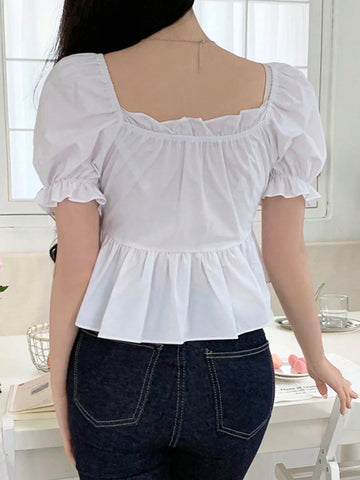 DAZY Women's Solid Color Front Tie-Up Short Sleeve Pleated Simple Casual Blouse