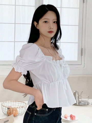 DAZY Women's Solid Color Front Tie-Up Short Sleeve Pleated Simple Casual Blouse