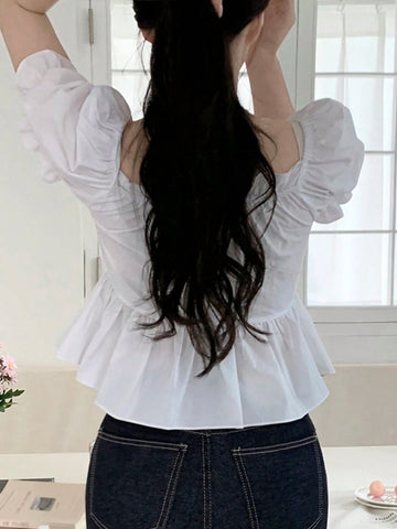 DAZY Women's Solid Color Front Tie-Up Short Sleeve Pleated Simple Casual Blouse