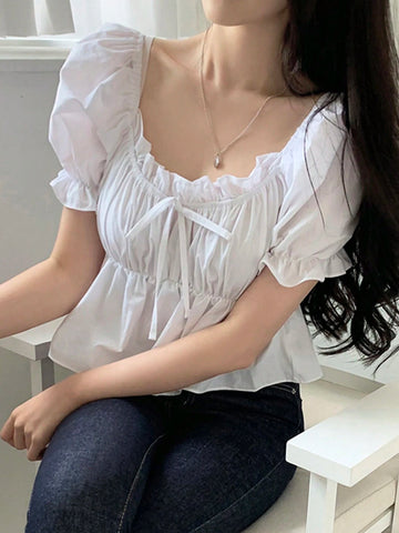 DAZY Women's Solid Color Front Tie-Up Short Sleeve Pleated Simple Casual Blouse