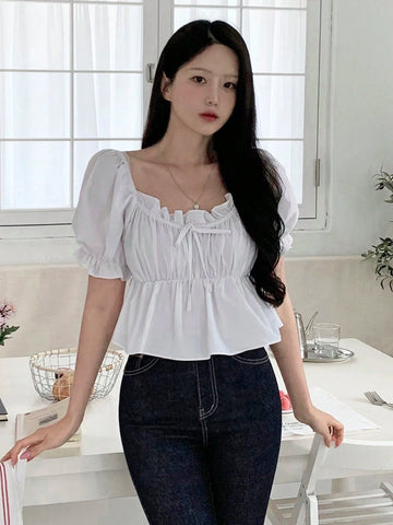 DAZY Women's Solid Color Front Tie-Up Short Sleeve Pleated Simple Casual Blouse