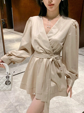 DAZY Women's Solid Color Front Tie Long Sleeve Casual Blouse, Daily Wear