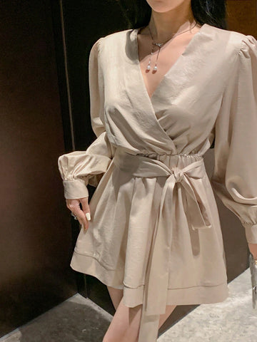 DAZY Women's Solid Color Front Tie Long Sleeve Casual Blouse, Daily Wear