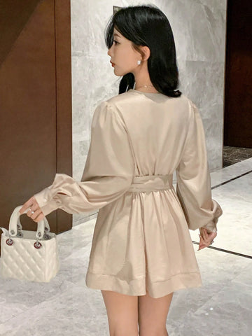 DAZY Women's Solid Color Front Tie Long Sleeve Casual Blouse, Daily Wear