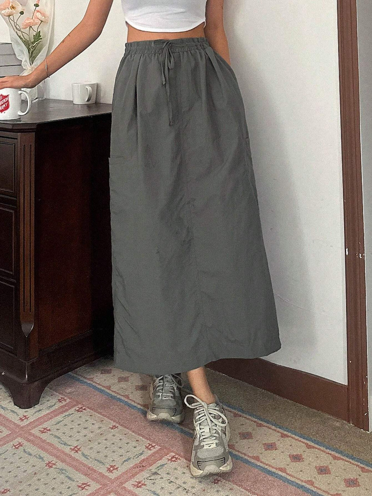 DAZY Women's Solid Color High Waist Belted Straight Loose Long Casual Skirt