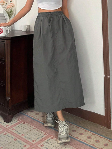 DAZY Women's Solid Color High Waist Belted Straight Loose Long Casual Skirt