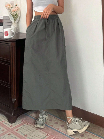 DAZY Women's Solid Color High Waist Belted Straight Loose Long Casual Skirt