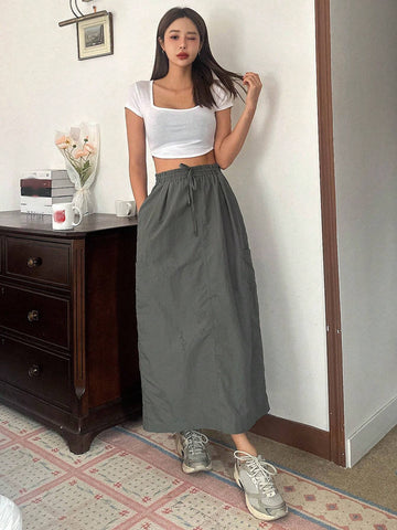 DAZY Women's Solid Color High Waist Belted Straight Loose Long Casual Skirt