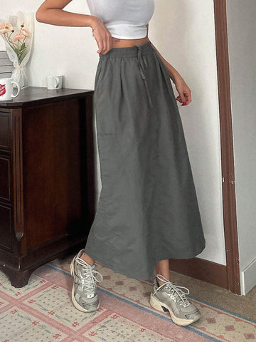 DAZY Women's Solid Color High Waist Belted Straight Loose Long Casual Skirt