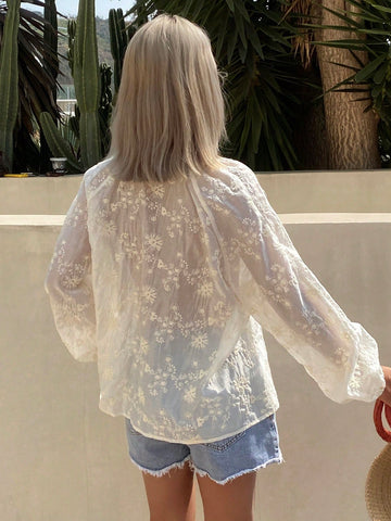 DAZY Women's Solid Color Jacquard Fabric Casual Vacation Summer Loose Top With Bow Tie