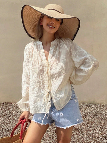 DAZY Women's Solid Color Jacquard Fabric Casual Vacation Summer Loose Top With Bow Tie